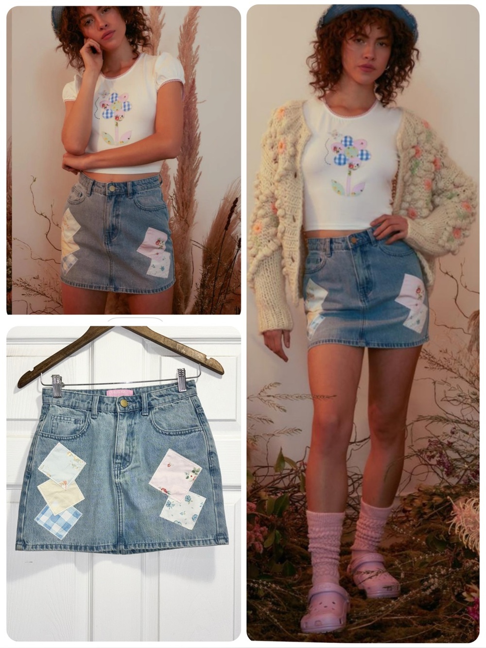 Dolls Kill x Holly Hobbie Dose Of Happy Patchwork Denim Skirt Jean Size XS